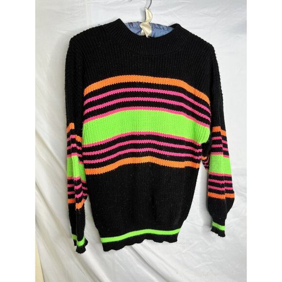 Adele Knitwear Sweater Pullover Black Neon Stripes Size M Acrylic Vintage 1990s - Picture 3 of 5